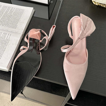 Spring Pleated Hol Pointed Toe Thin Party Slingbacks Mule Shoes Low Heel Pumps
