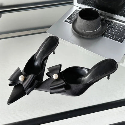 Spring Butterfly-knot Slipper Pointed Toe Slip on Mules Shoes Low Heel Pumps