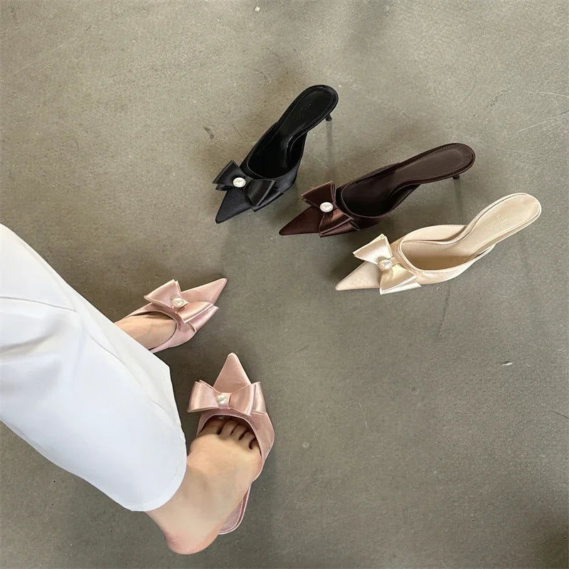 Spring Butterfly-knot Slipper Pointed Toe Slip on Mules Shoes Low Heel Pumps