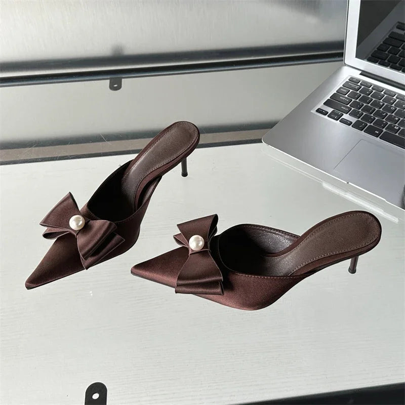 Spring Butterfly-knot Slipper Pointed Toe Slip on Mules Shoes Low Heel Pumps