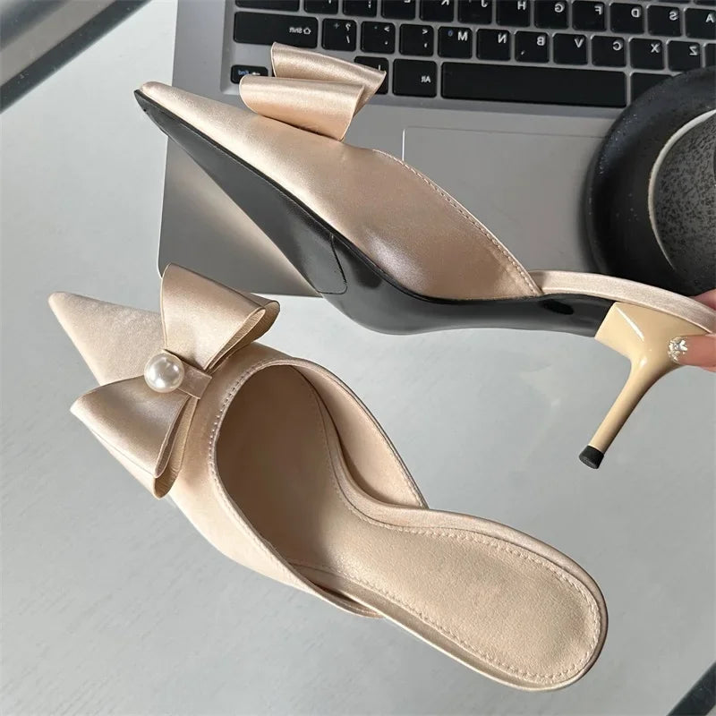 Spring Butterfly-knot Slipper Pointed Toe Slip on Mules Shoes Low Heel Pumps