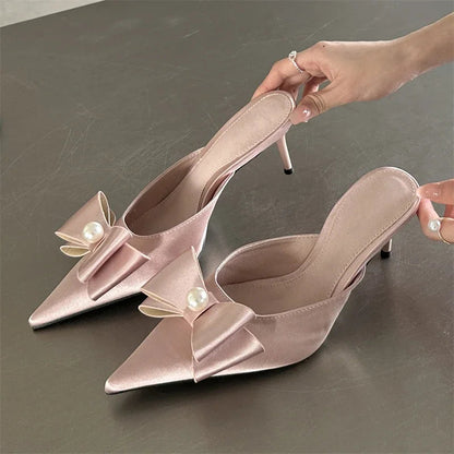 Spring Butterfly-knot Slipper Pointed Toe Slip on Mules Shoes Low Heel Pumps