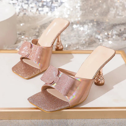 Square Toe Butterfly-knot Slippers Summer Party Slide Shoes Low Heel Pumps