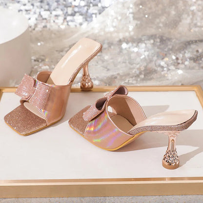 Square Toe Butterfly-knot Slippers Summer Party Slide Shoes Low Heel Pumps