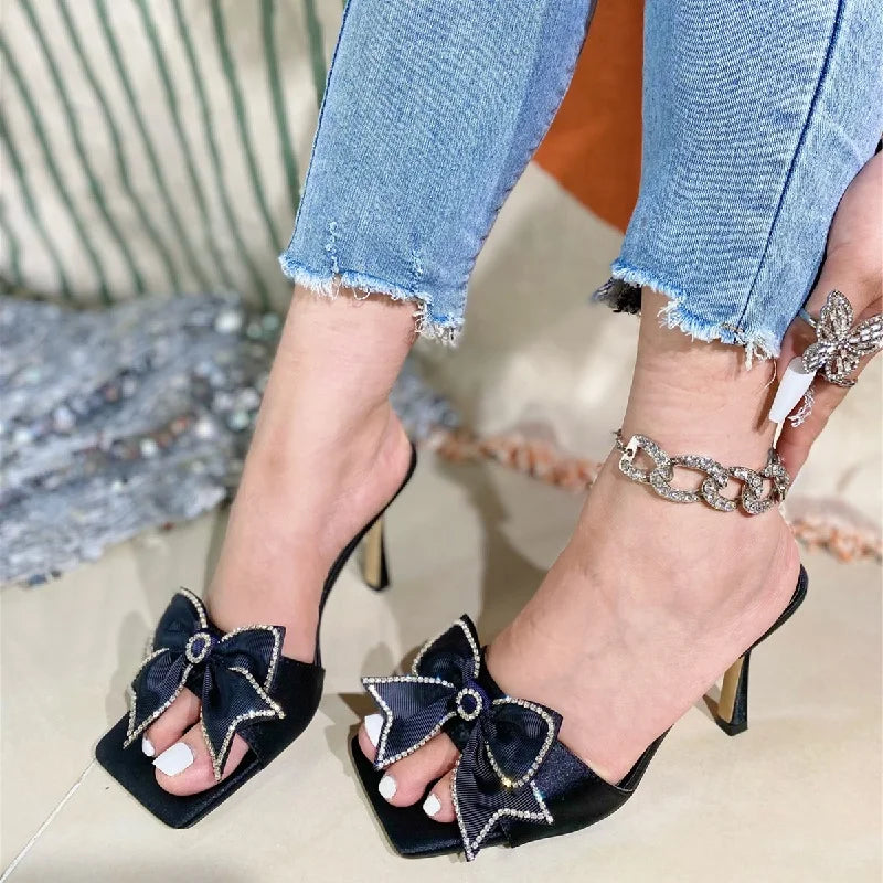 Street Style Bowknot Satin Thin Slippers Summer Open Toe Gladiator Slides Shoes Low Heel Pumps