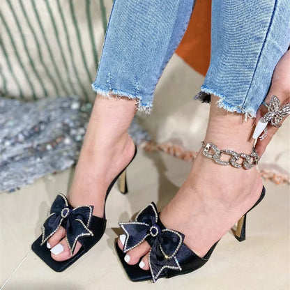 Street Style Bowknot Satin Thin Slippers Summer Open Toe Gladiator Slides Shoes Low Heel Pumps