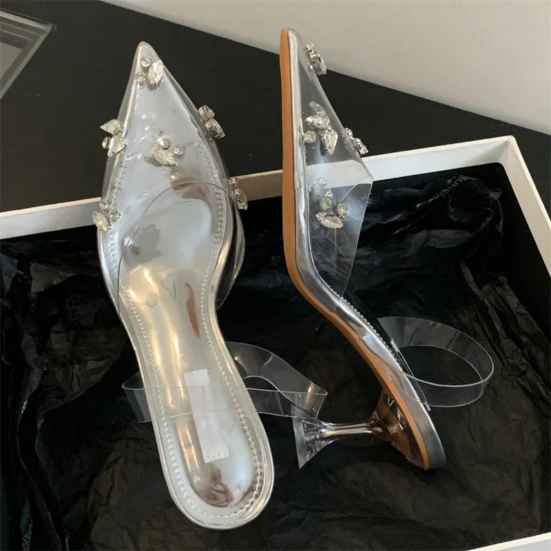 Street Style Mule Pvc Transparent Pointed Toe Party Prom Shoes Low Heel Pumps
