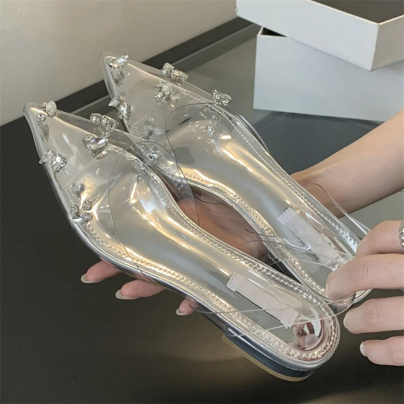 Street Style Mule Pvc Transparent Pointed Toe Party Prom Shoes Low Heel Pumps