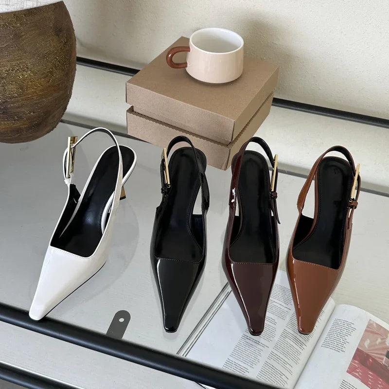 Street Style Pointed Toe Metal Buckle Strap Stripper Slingback High Shoes Low Heel Pumps