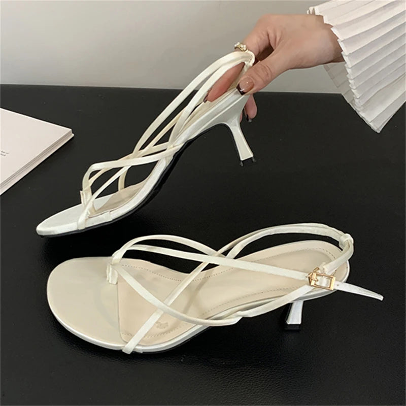 Street Style Square Clip Toe Narrow Band Thin Summer Shoes Low Heel Pumps