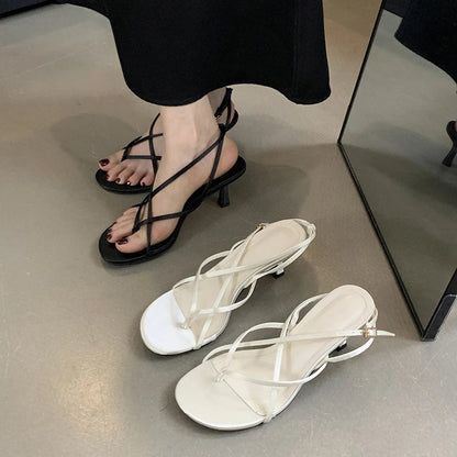 Street Style Square Clip Toe Narrow Band Thin Summer Shoes Low Heel Pumps