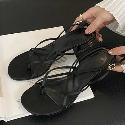 Street Style Square Clip Toe Narrow Band Thin Summer Shoes Low Heel Pumps