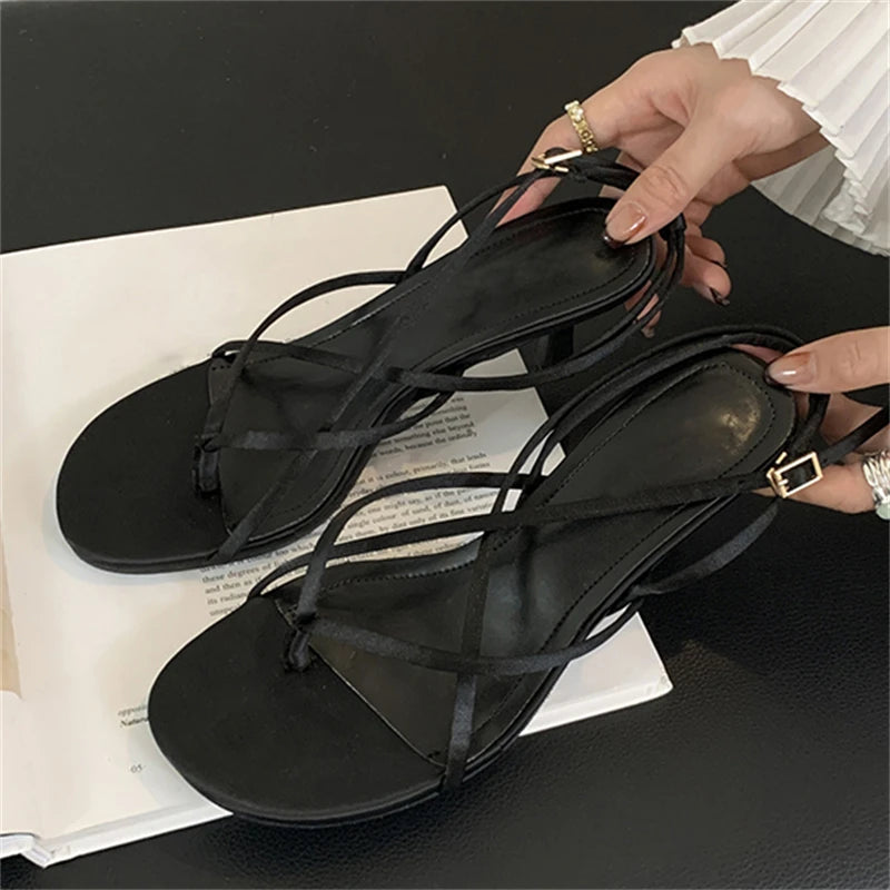 Street Style Square Clip Toe Narrow Band Thin Summer Shoes Low Heel Pumps