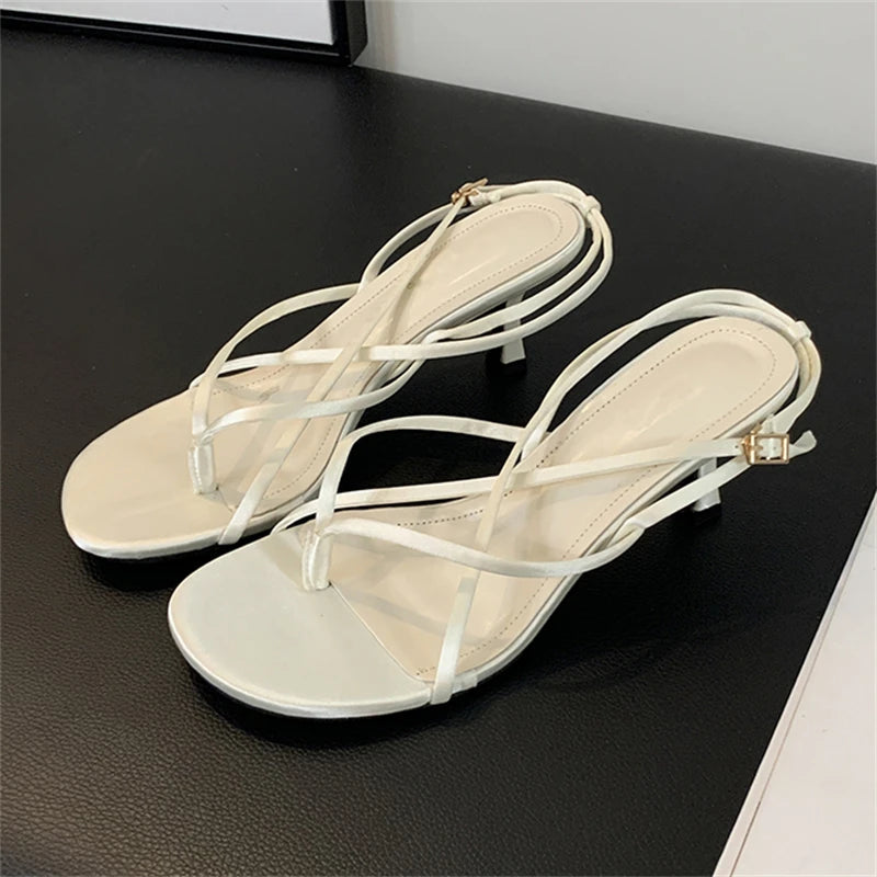 Street Style Square Clip Toe Narrow Band Thin Summer Shoes Low Heel Pumps
