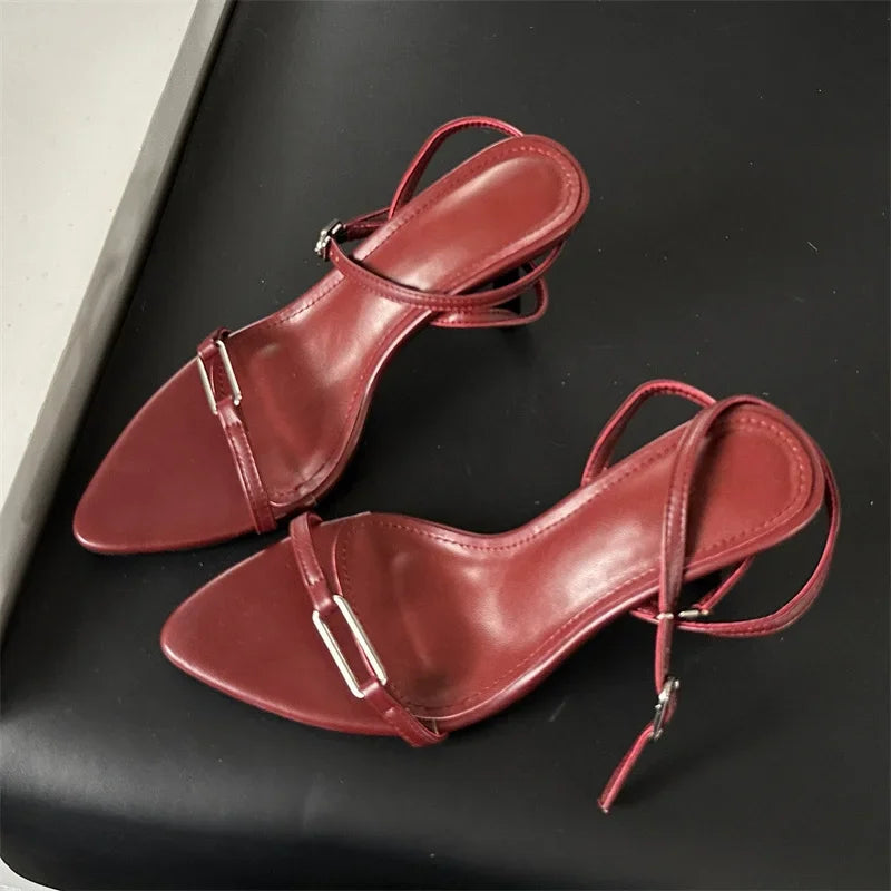 Summer Ankle Buckle Strap Pointed Toe Thin Highs Shoes Low Heel Pumps