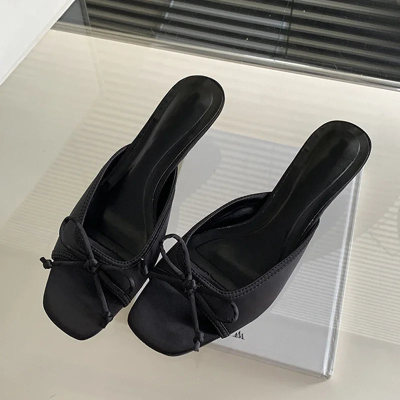 Summer Design Square Toe Slippers Butterfly-knot Shoes Low Heel Pumps