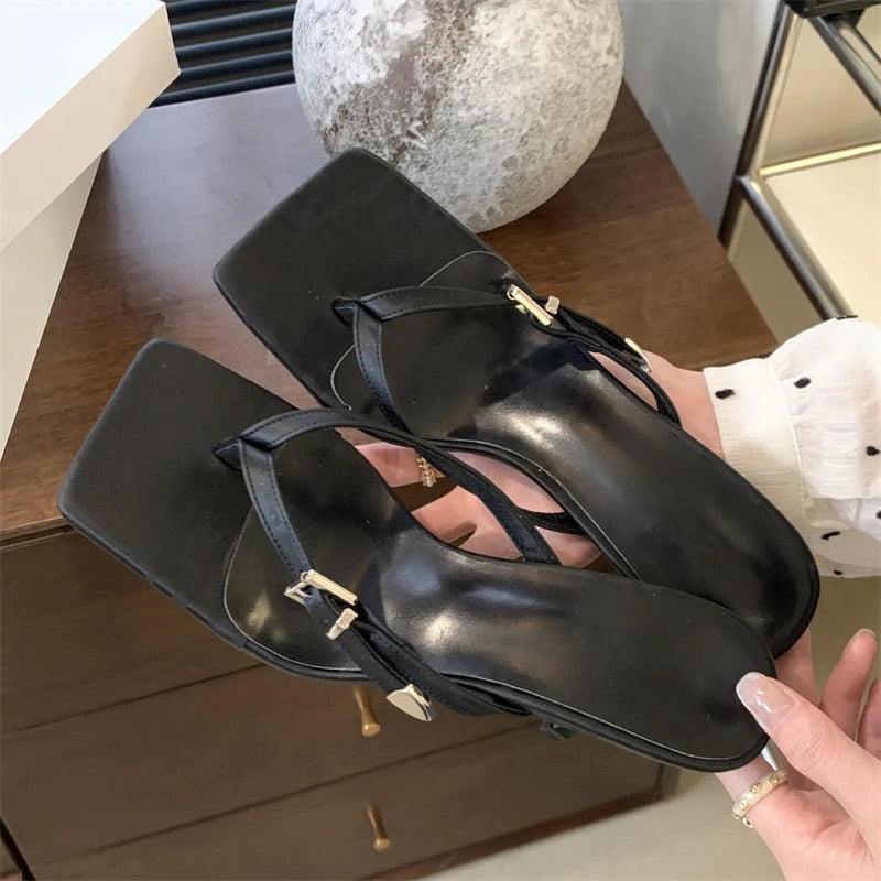 Summer Clip Toe Buckle Slippers Gladiator Party Thins Flip Flops Slides Shoes Low Heel Pumps