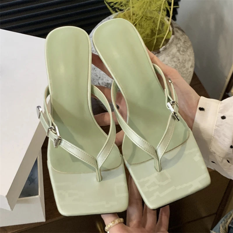 Summer Clip Toe Buckle Slippers Gladiator Party Thins Flip Flops Slides Shoes Low Heel Pumps