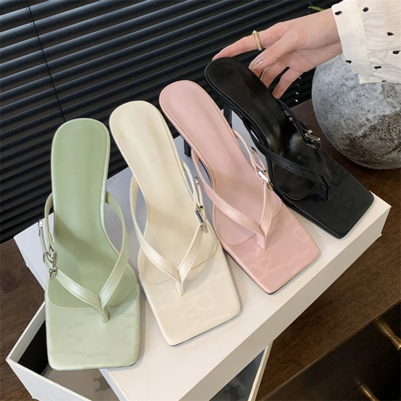 Summer Clip Toe Buckle Slippers Gladiator Party Thins Flip Flops Slides Shoes Low Heel Pumps
