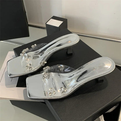 Summer Pvc Transparent Square Toe Slippers Slide Shoes Low Heel Pumps