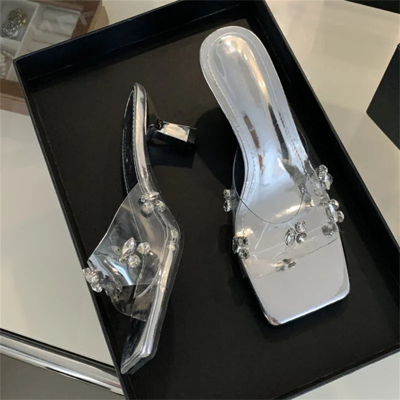 Summer Pvc Transparent Square Toe Slippers Slide Shoes Low Heel Pumps