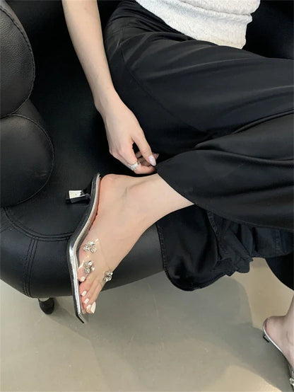 Summer Pvc Transparent Square Toe Slippers Slide Shoes Low Heel Pumps