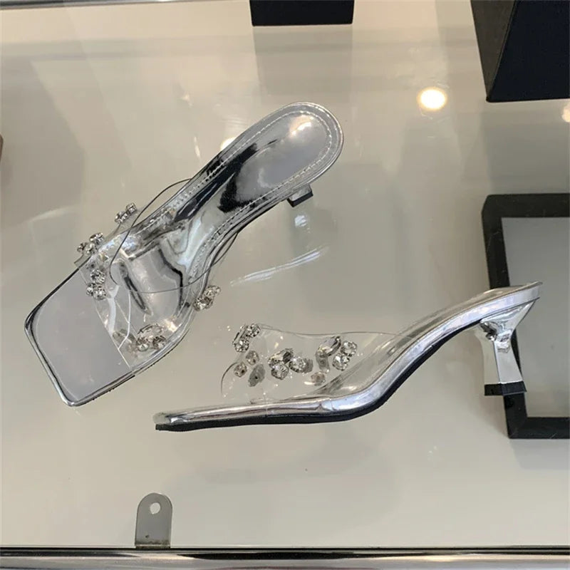Summer Pvc Transparent Square Toe Slippers Slide Shoes Low Heel Pumps