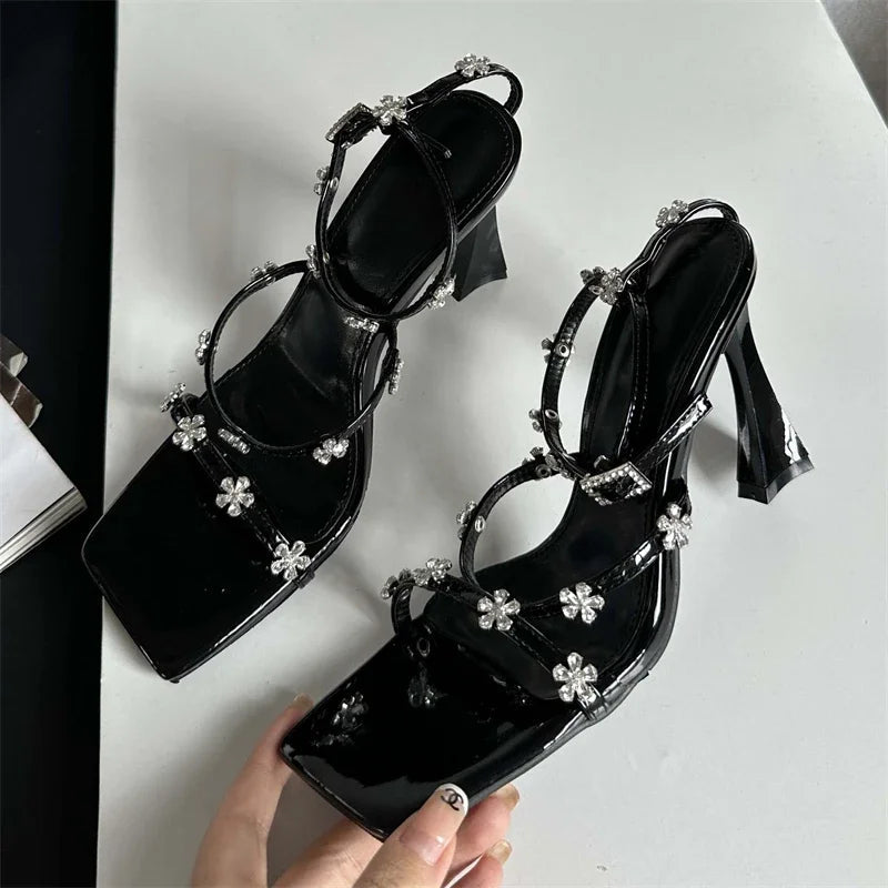 Summer Narrow Band Buckle Strap High Shoes Square Toe Party Dress Low Heel Pumps