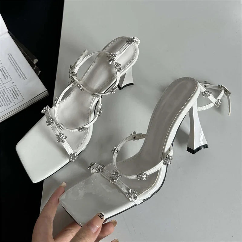 Summer Narrow Band Buckle Strap High Shoes Square Toe Party Dress Low Heel Pumps