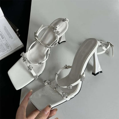 Summer Narrow Band Buckle Strap High Shoes Square Toe Party Dress Low Heel Pumps
