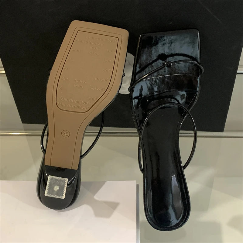 Summer Narrow Band Slipper Square Toe Slip on Gladiator Sandal Shoes Low Heel Pumps