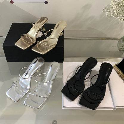 Summer Narrow Band Slipper Square Toe Slip on Gladiator Sandal Shoes Low Heel Pumps