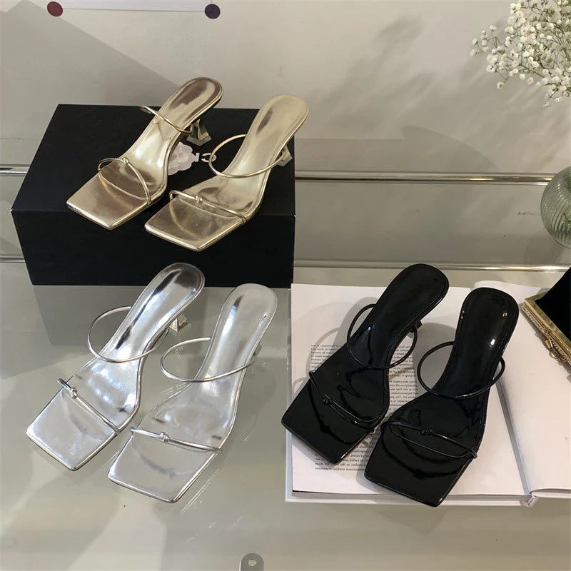 Summer Narrow Band Slipper Square Toe Slip on Gladiator Sandal Shoes Low Heel Pumps