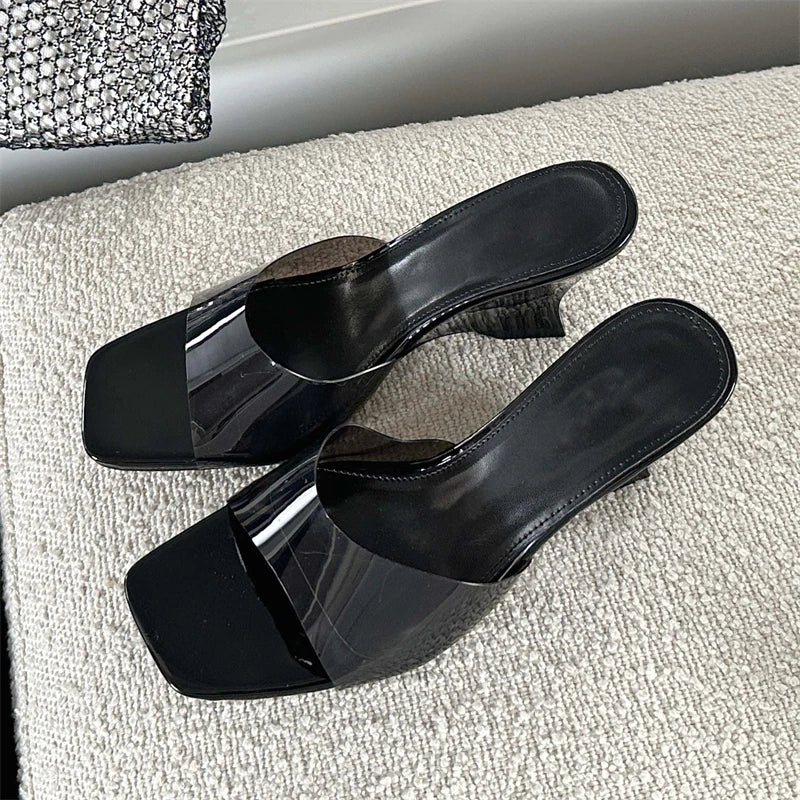 Summer Pvc Transparent Candy Slippers Open Toe Wedge Mule Slides Shoes Low Heel Pumps