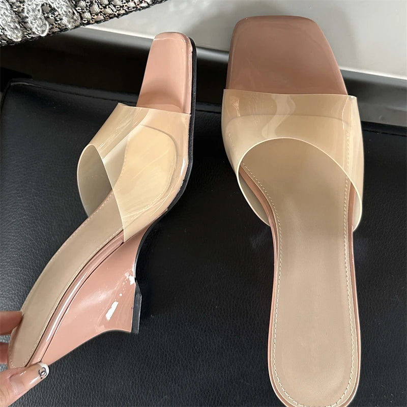 Summer Pvc Transparent Candy Slippers Open Toe Wedge Mule Slides Shoes Low Heel Pumps