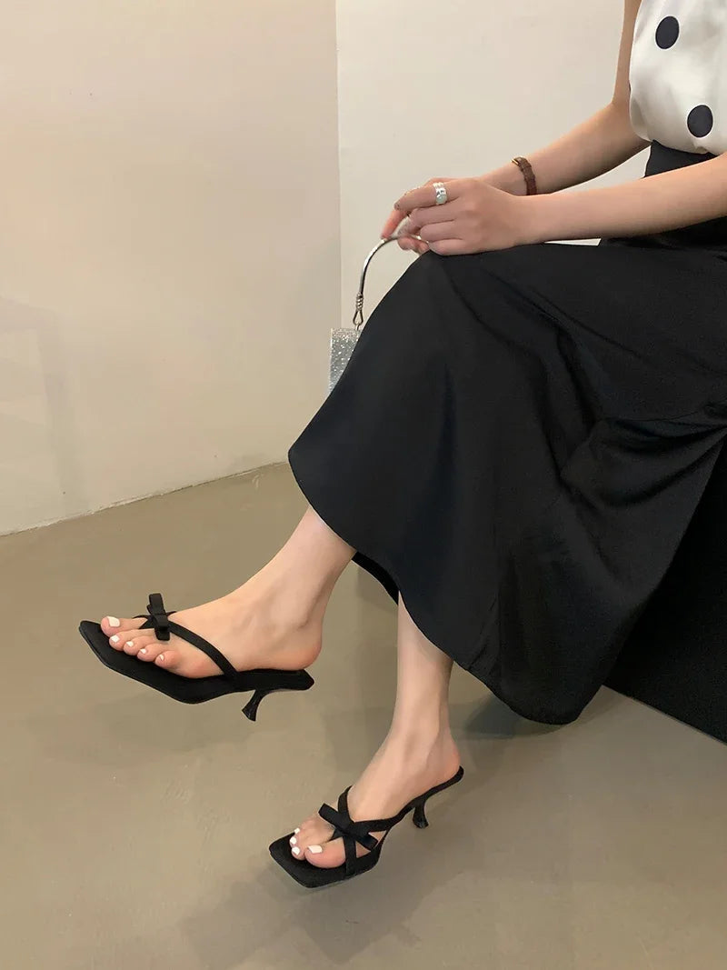 Summer Satin Butterfly-knot Clip Toe Slipper Thin Party Dress Slides Shoes Low Heel Pumps