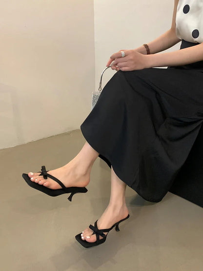 Summer Satin Butterfly-knot Clip Toe Slipper Thin Party Dress Slides Shoes Low Heel Pumps