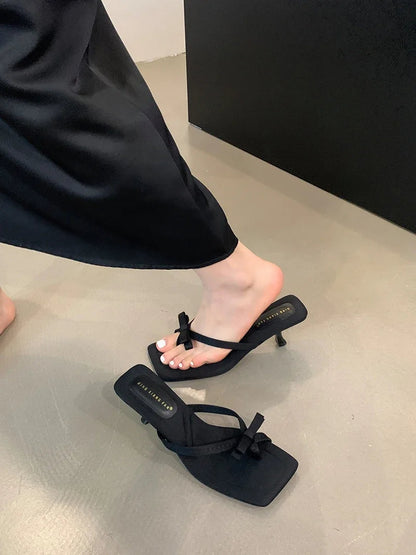 Summer Satin Butterfly-knot Clip Toe Slipper Thin Party Dress Slides Shoes Low Heel Pumps