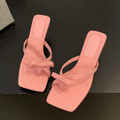 Summer Satin Butterfly-knot Clip Toe Slipper Thin Party Dress Slides Shoes Low Heel Pumps