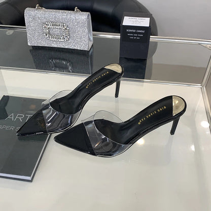 Summer Pvc Transparent Slipper Pointed Toe Slides Stripper Sandal Thin Mule Shoes Low Heel Pumps