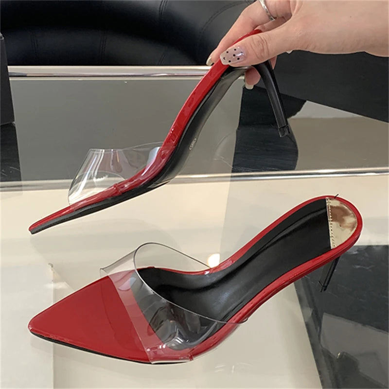 Summer Pvc Transparent Slipper Pointed Toe Slides Stripper Sandal Thin Mule Shoes Low Heel Pumps