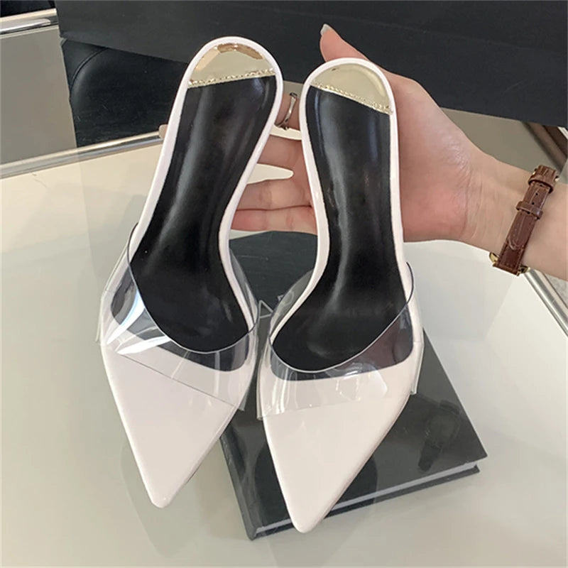 Summer Pvc Transparent Slipper Pointed Toe Slides Stripper Sandal Thin Mule Shoes Low Heel Pumps