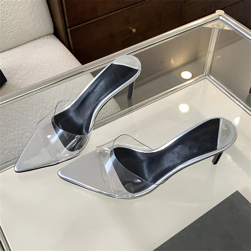 Summer Pvc Transparent Slipper Pointed Toe Slides Stripper Sandal Thin Mule Shoes Low Heel Pumps