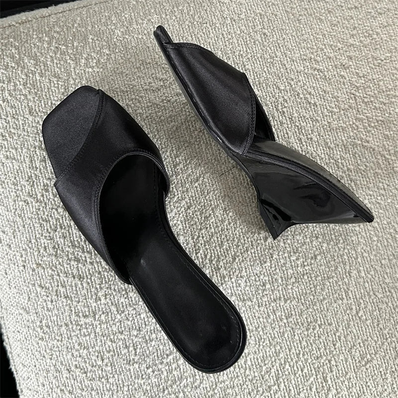 Summer Silk Wedges High Open Toe Slippers Mule Beach Slides Shoes Low Heel Pumps