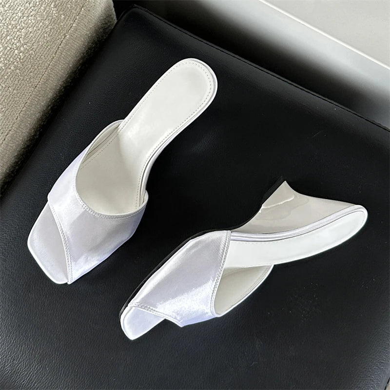 Summer Silk Wedges High Open Toe Slippers Mule Beach Slides Shoes Low Heel Pumps