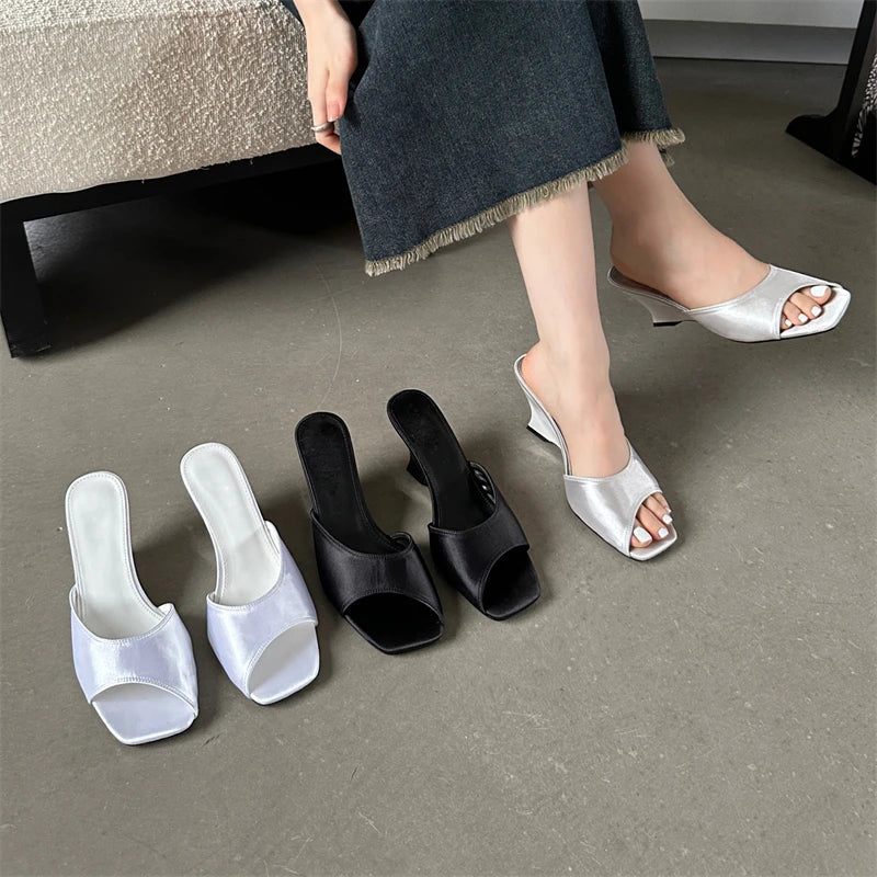 Summer Silk Wedges High Open Toe Slippers Mule Beach Slides Shoes Low Heel Pumps