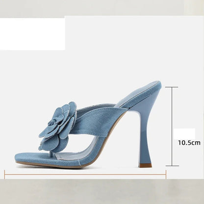 Summer Street Style Denim Slippers Square Clip Toe Thin High Slides Flip Flops Shoes Low Heel Pumps