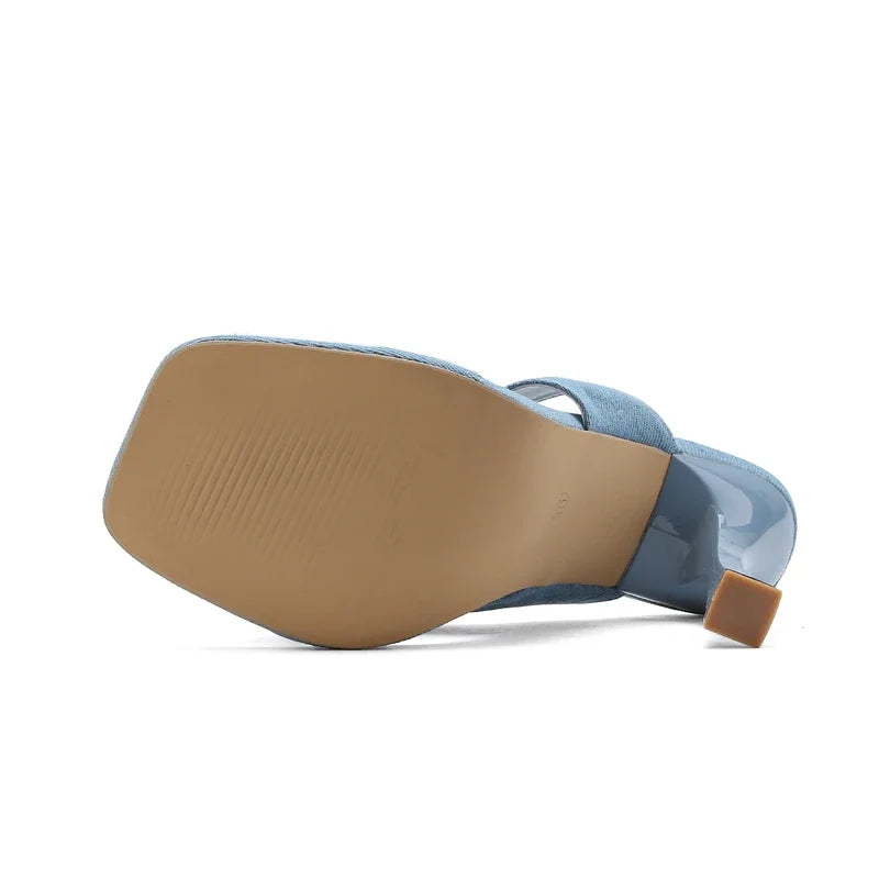 Summer Street Style Denim Slippers Square Clip Toe Thin High Slides Flip Flops Shoes Low Heel Pumps
