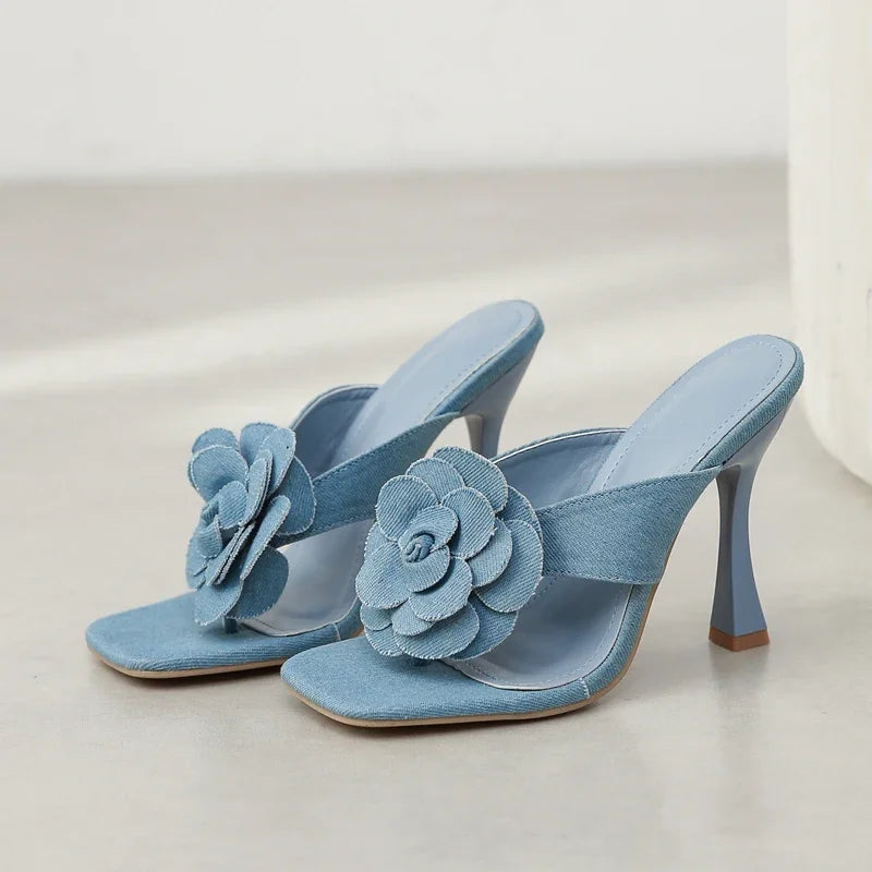 Summer Street Style Denim Slippers Square Clip Toe Thin High Slides Flip Flops Shoes Low Heel Pumps