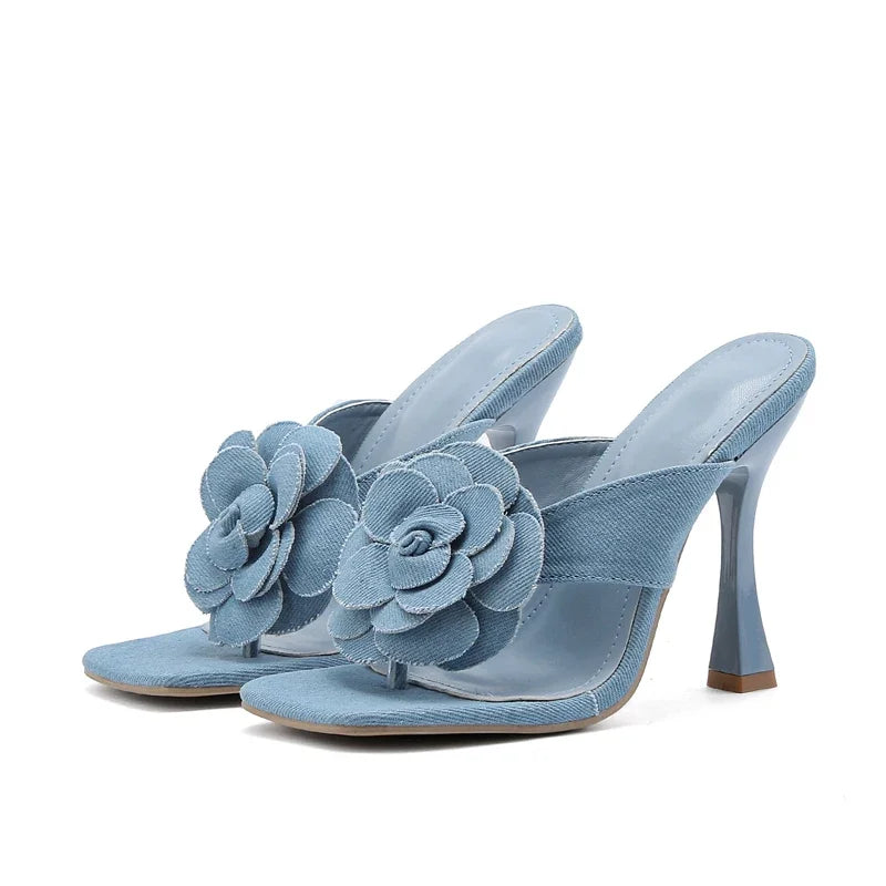 Summer Street Style Denim Slippers Square Clip Toe Thin High Slides Flip Flops Shoes Low Heel Pumps